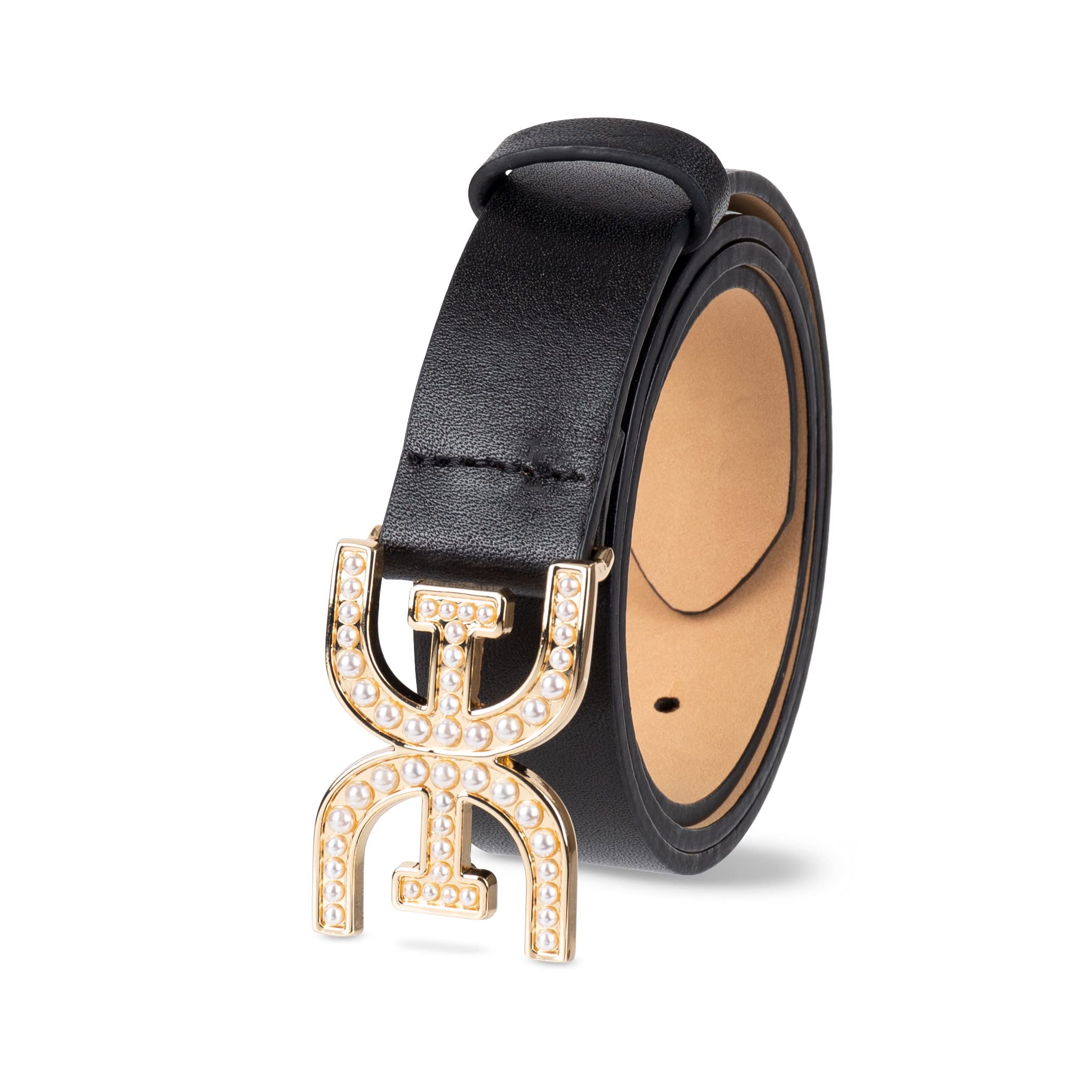 Sam Edelman Women's Imitation Pearl Embellished Double-E Logo Plaque Buckle Leather Belt for Jeans, Dresses and Trousers - Image 3